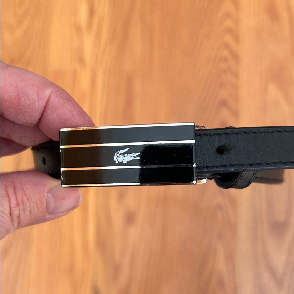 Lacoste Black Leather Belt with Silver Buckle